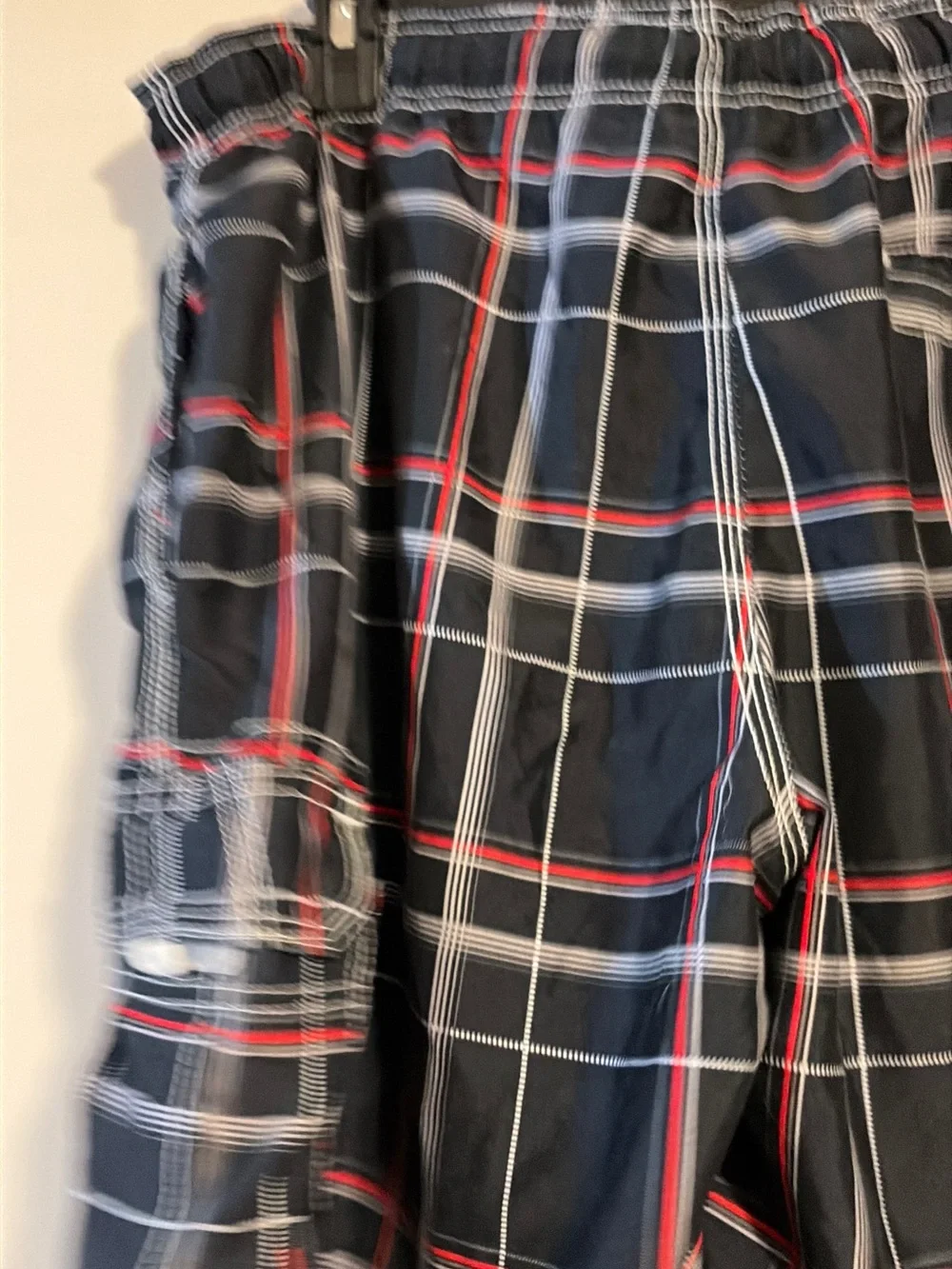 Men's Navy Plaid Swim Trunks with Red Accent